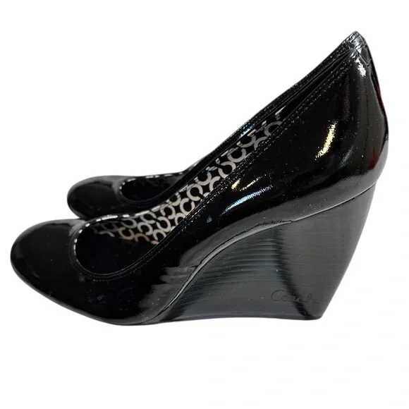 Coach Dorelle Black Patent Leather Wedges 3 3/4 3.75 inch Heels Size 8.5 - Picture 1 of 8